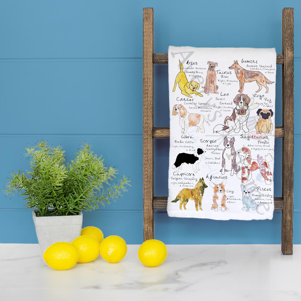 Zodiac Dog Signs dish towel folded, hemmed on all four sides