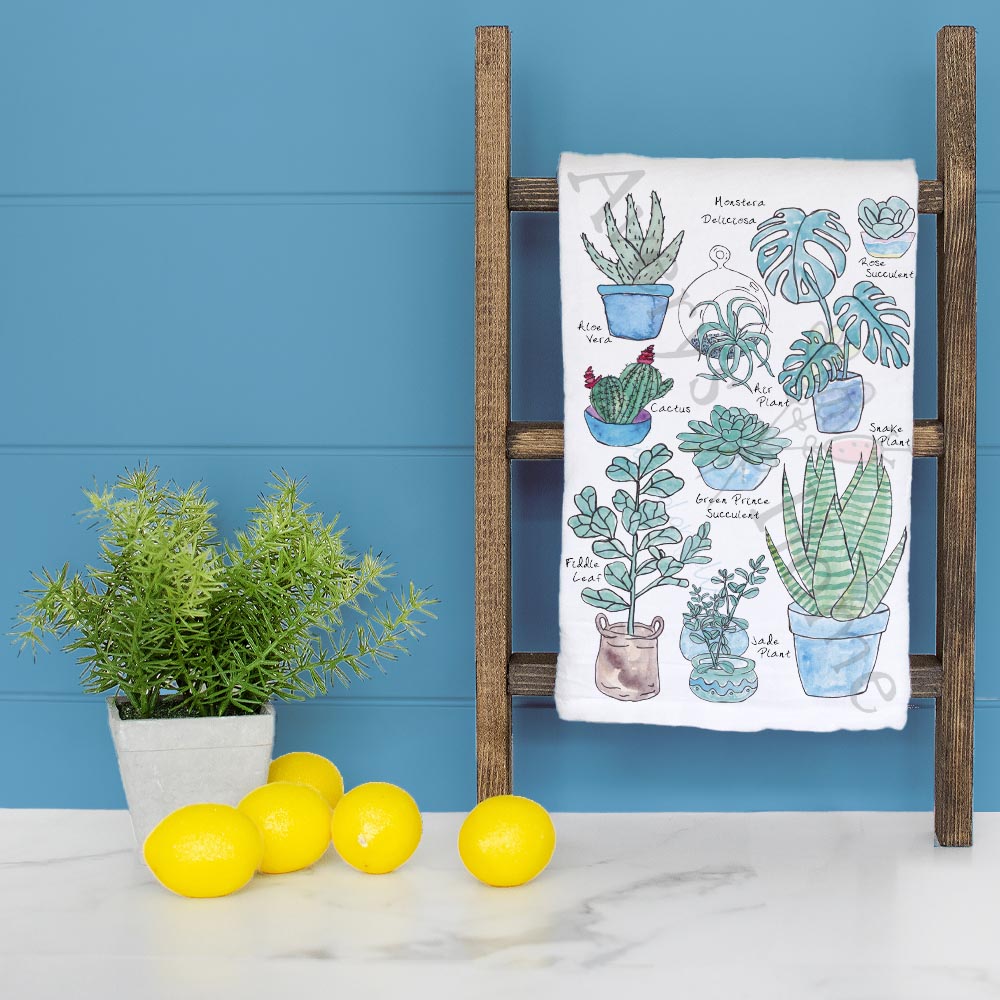 Succulent Collection dish towel folded, hemmed on all four sides
