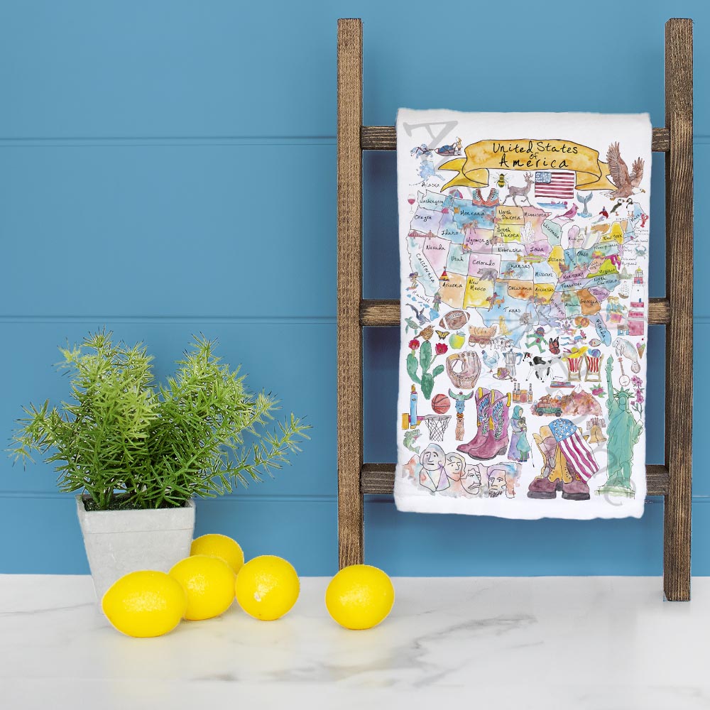 USA Map dish towel folded, hemmed on all four sides