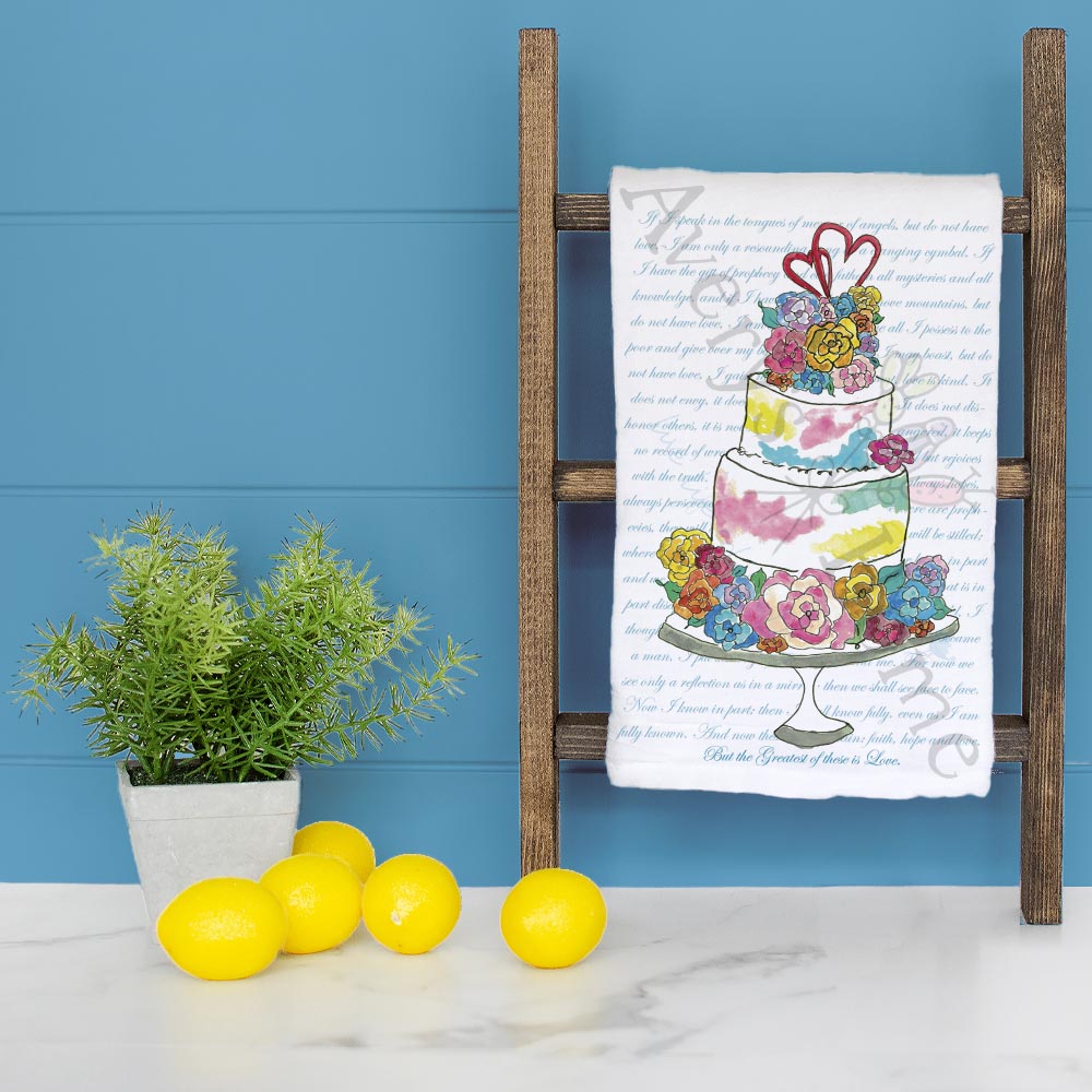 Wedding Cake dish towel folded, hemmed on all four sides