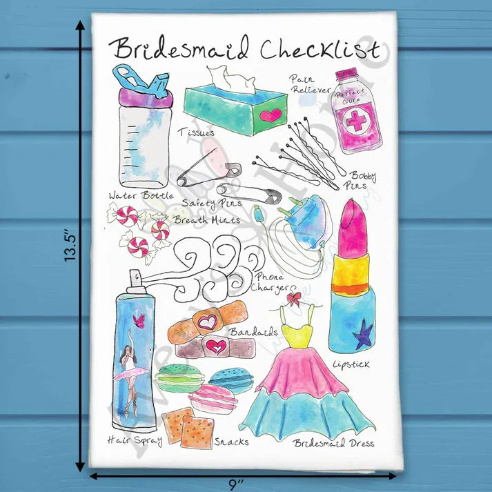 Bridesmaid Checklist flour sack dish towel, art by Avery Jackson