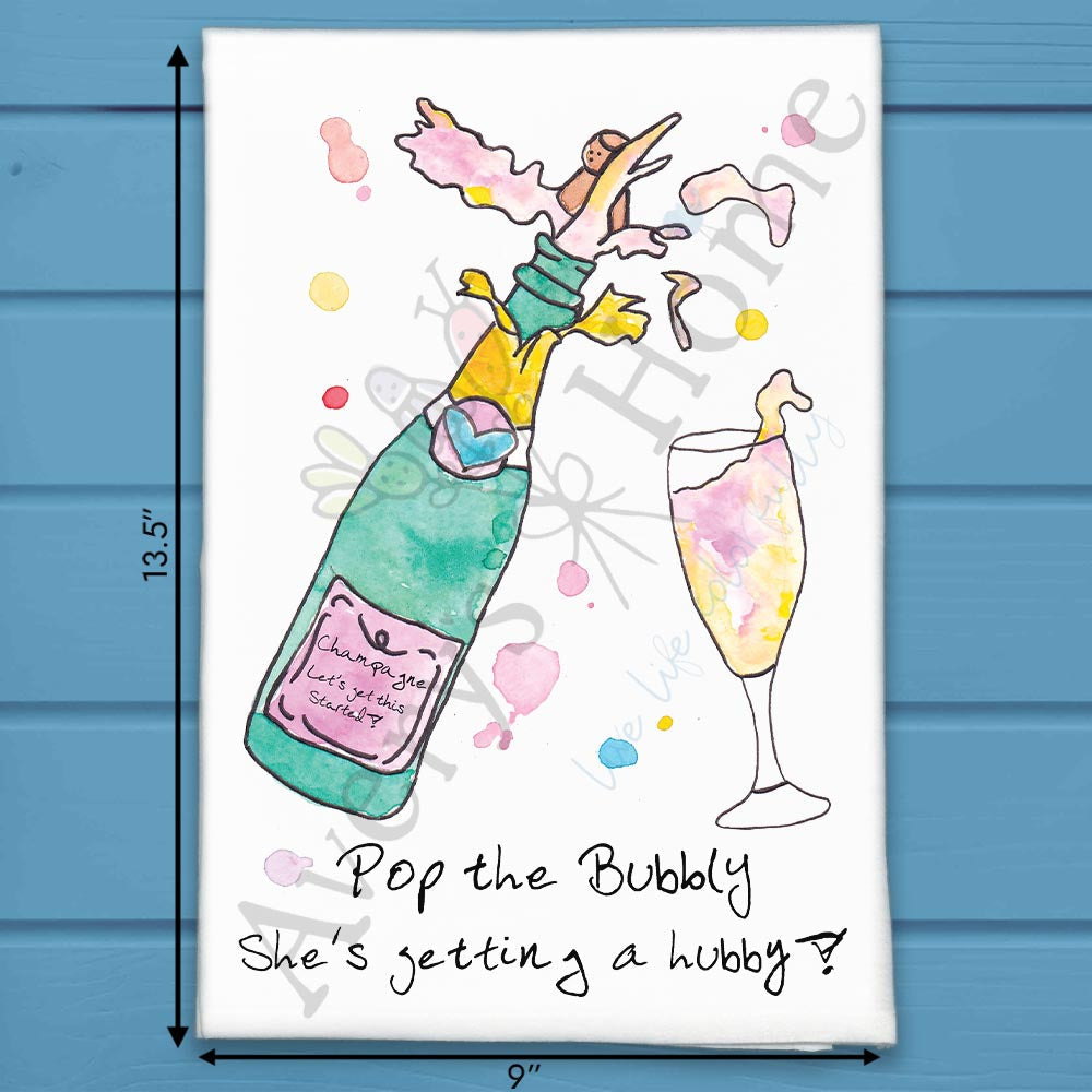 Pop the Bubbly Hubby flour sack dish towel, art by Avery Jackson