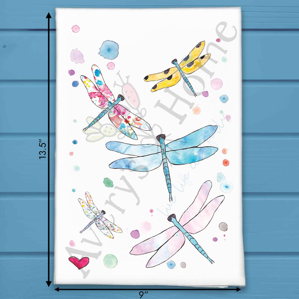 Dragonfly Garden flour sack dish towel, art by Avery Jackson