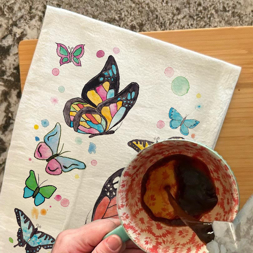 Rainbow Garden Butterflies dish towel, 27x27 flour sack cotton