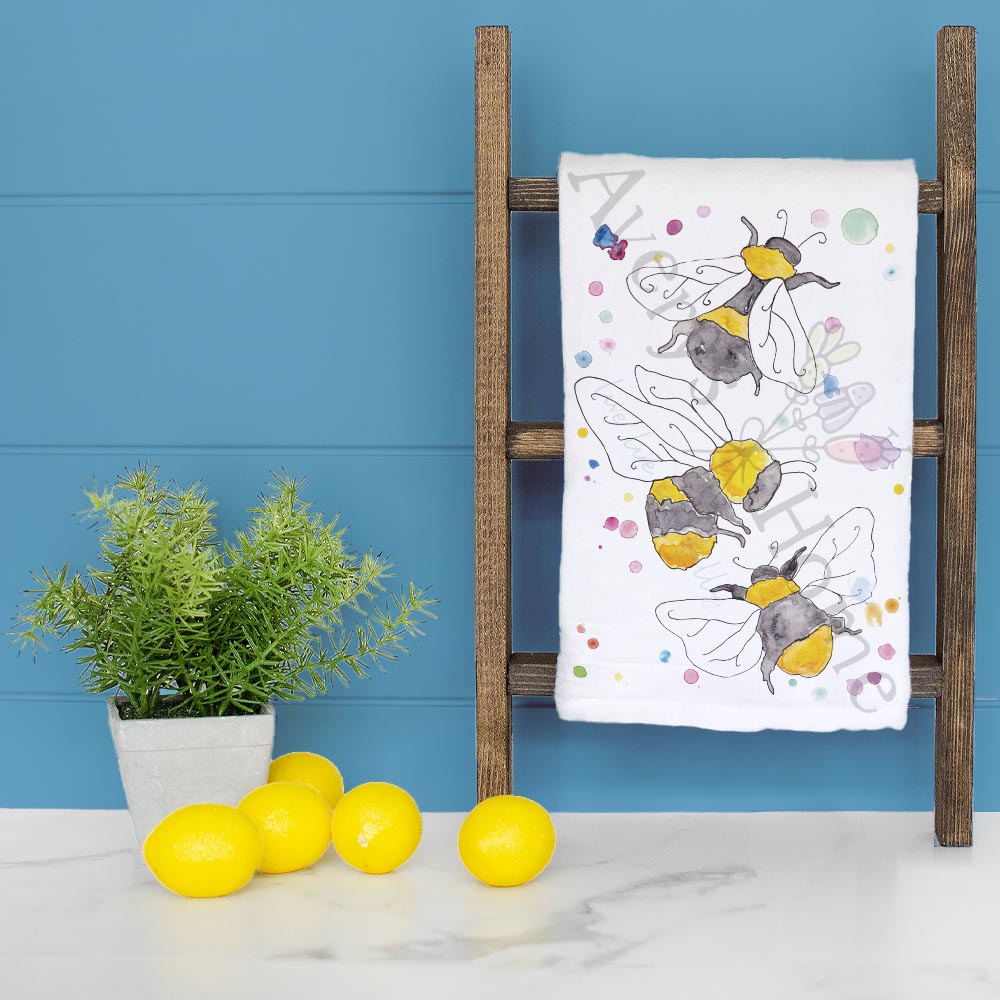 Garden Bees dish towel folded, hemmed on all four sides