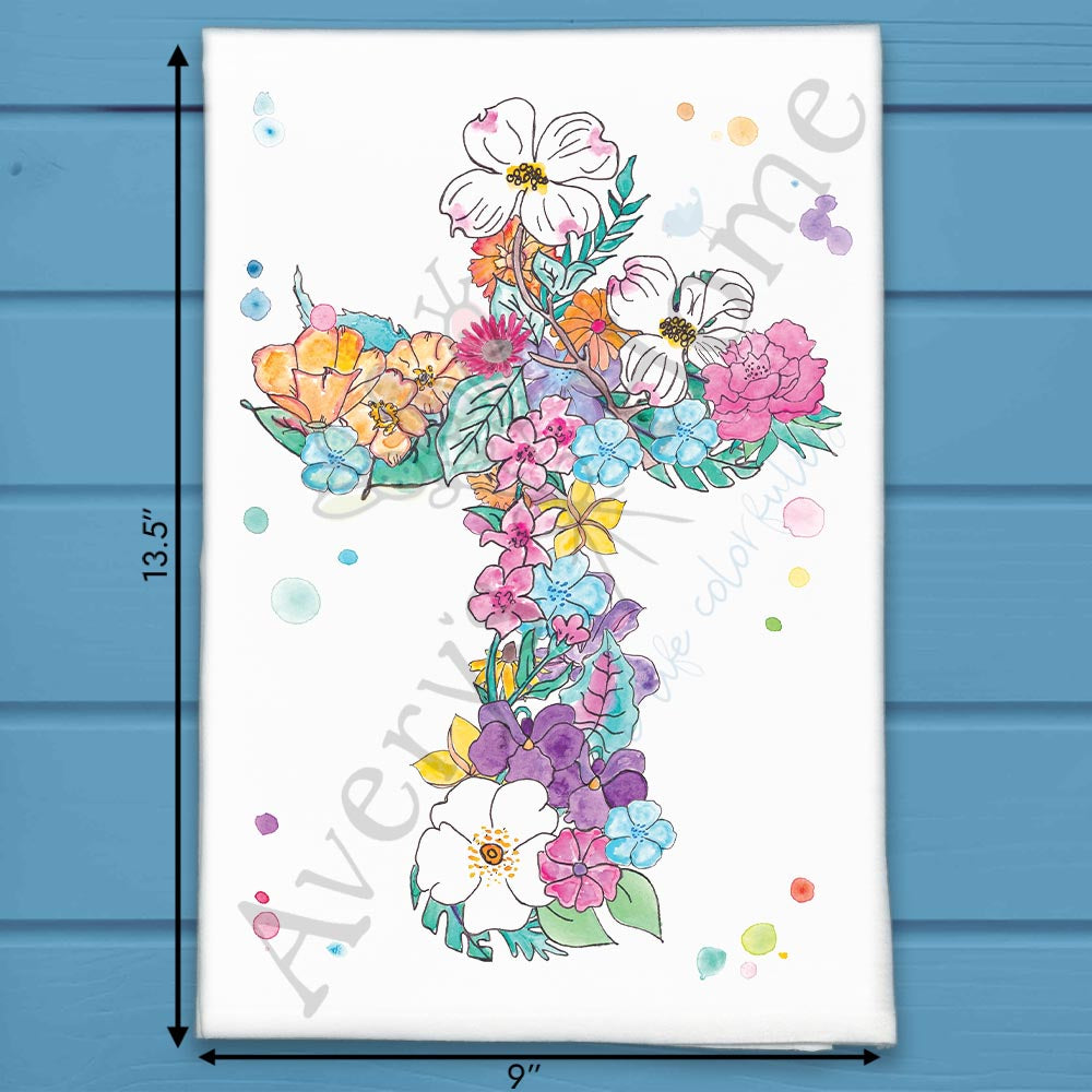 Flower Cross flour sack dish towel, art by Avery Jackson