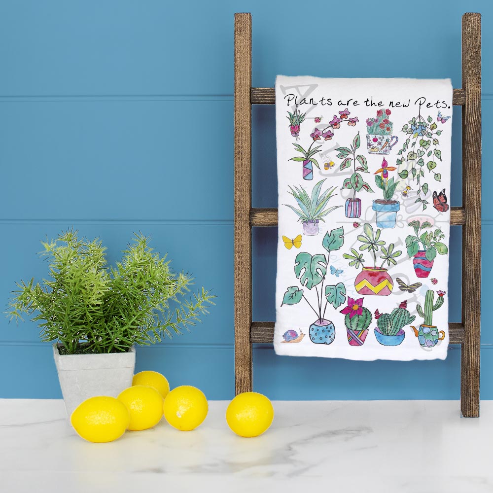 Plants Are the New Pets dish towel folded, hemmed on all four sides