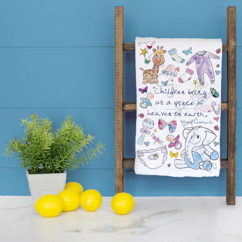 Children Are Heaven dish towel folded, hemmed on all four sides