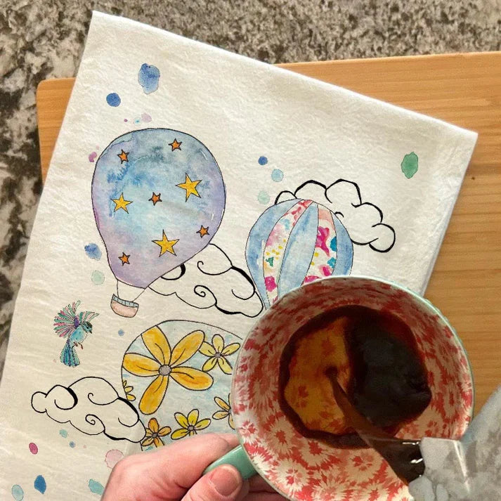 Hot Air Balloon dish towel, 27x27 flour sack cotton