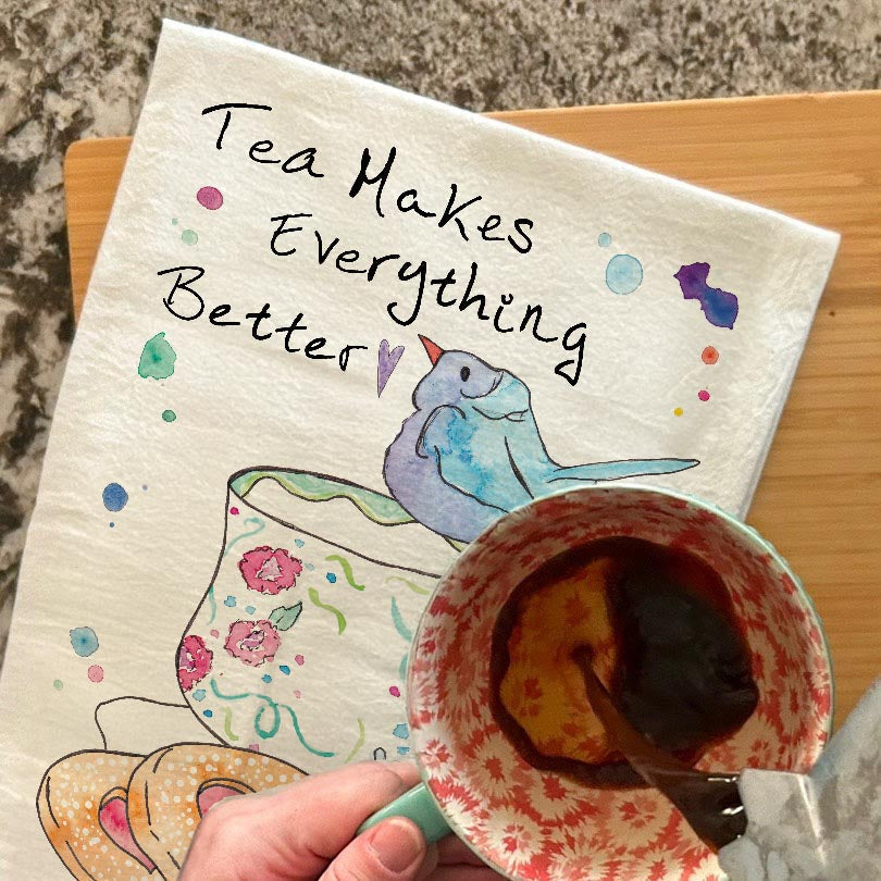 Tea, Cookies, and Birds dish towel, 27x27 flour sack cotton