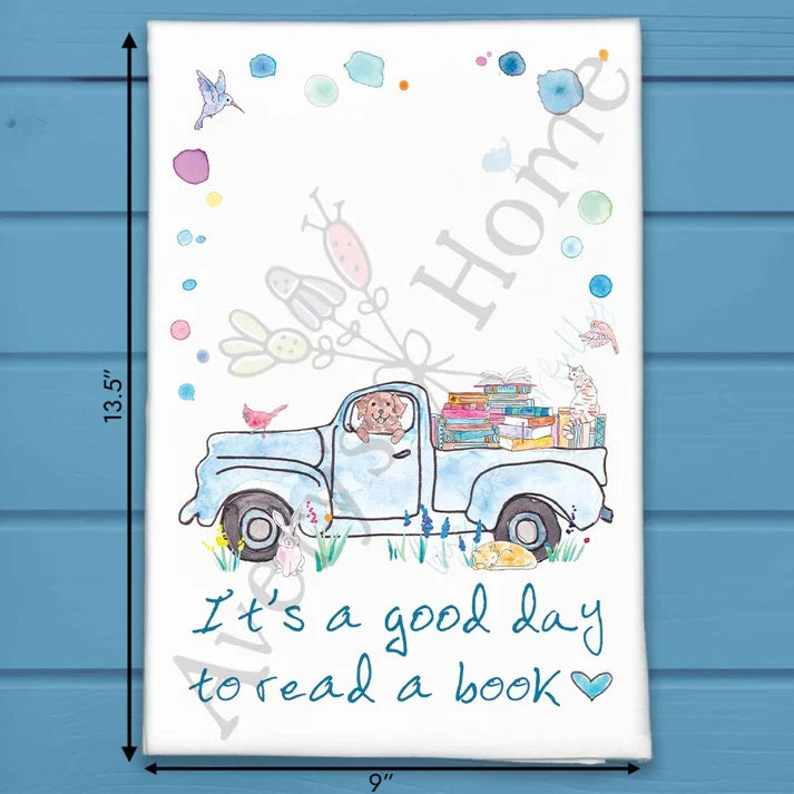 Good Day to Read flour sack dish towel, art by Avery Jackson