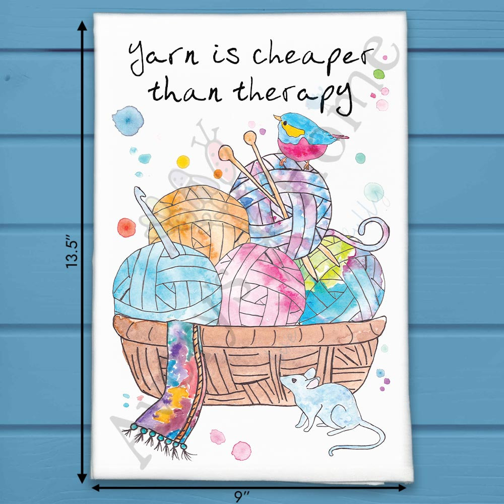Yarn Is Cheaper flour sack dish towel, art by Avery Jackson