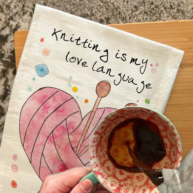 Knitting Love Language dish towel, 27x27 flour sack cotton
