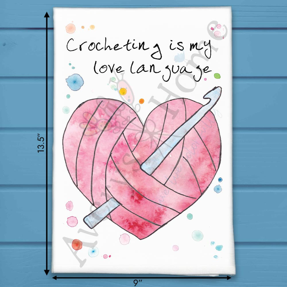 Crochet Love Language flour sack dish towel, art by Avery Jackson