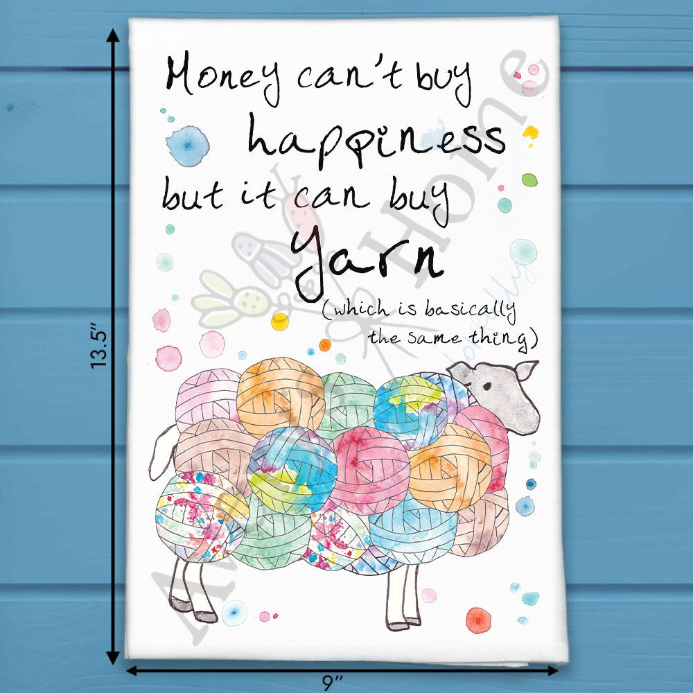 Money Buys Yarn flour sack dish towel, art by Avery Jackson