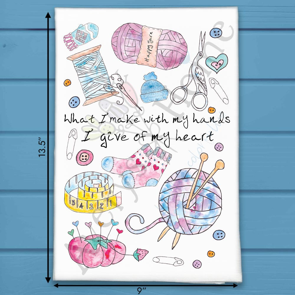 Handmade Love Language flour sack dish towel, art by Avery Jackson