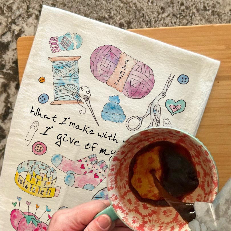 Handmade Love Language dish towel, 27x27 flour sack cotton