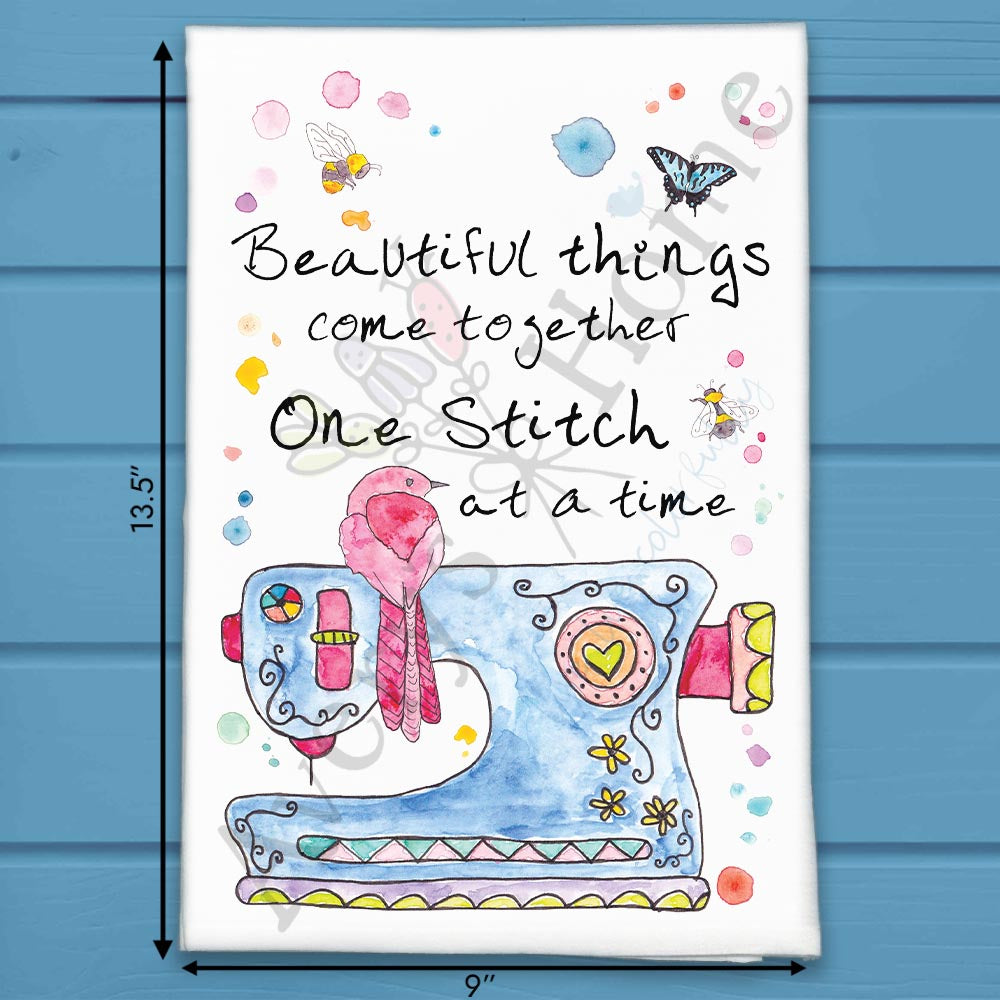 One Stitch at a Time flour sack dish towel, art by Avery Jackson