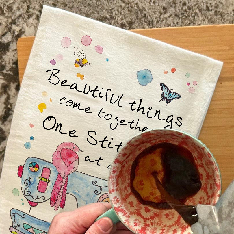 One Stitch at a Time dish towel, 27x27 flour sack cotton