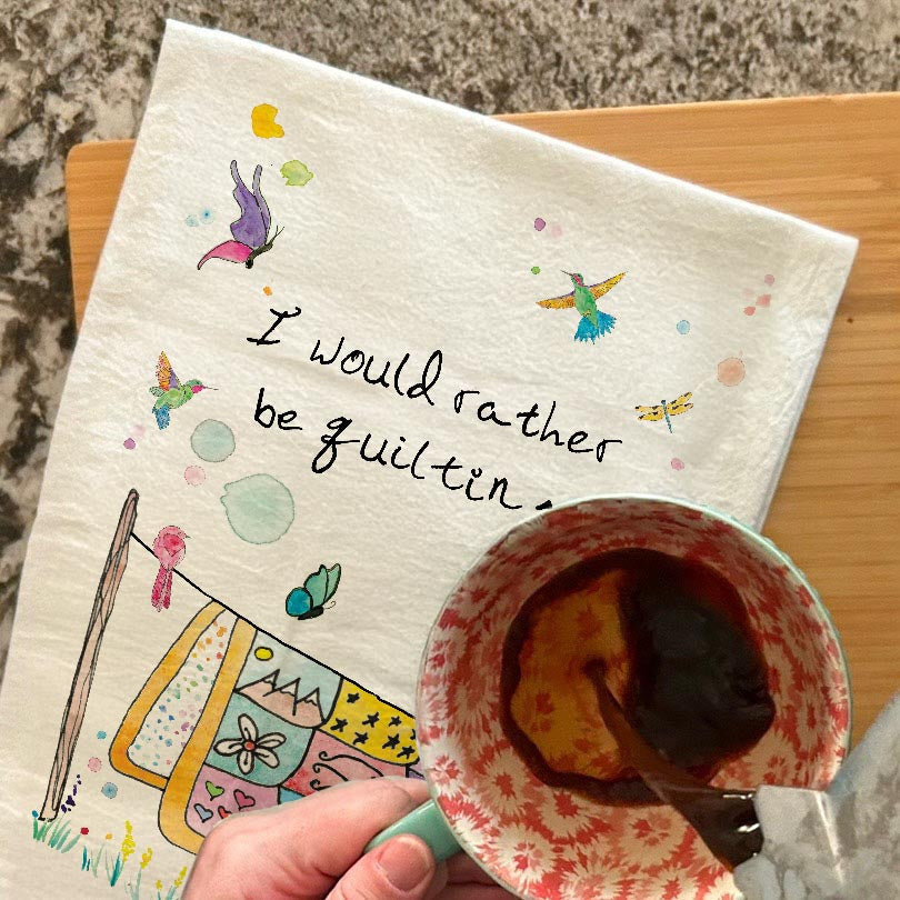 Rather Be Quilting dish towel, 27x27 flour sack cotton