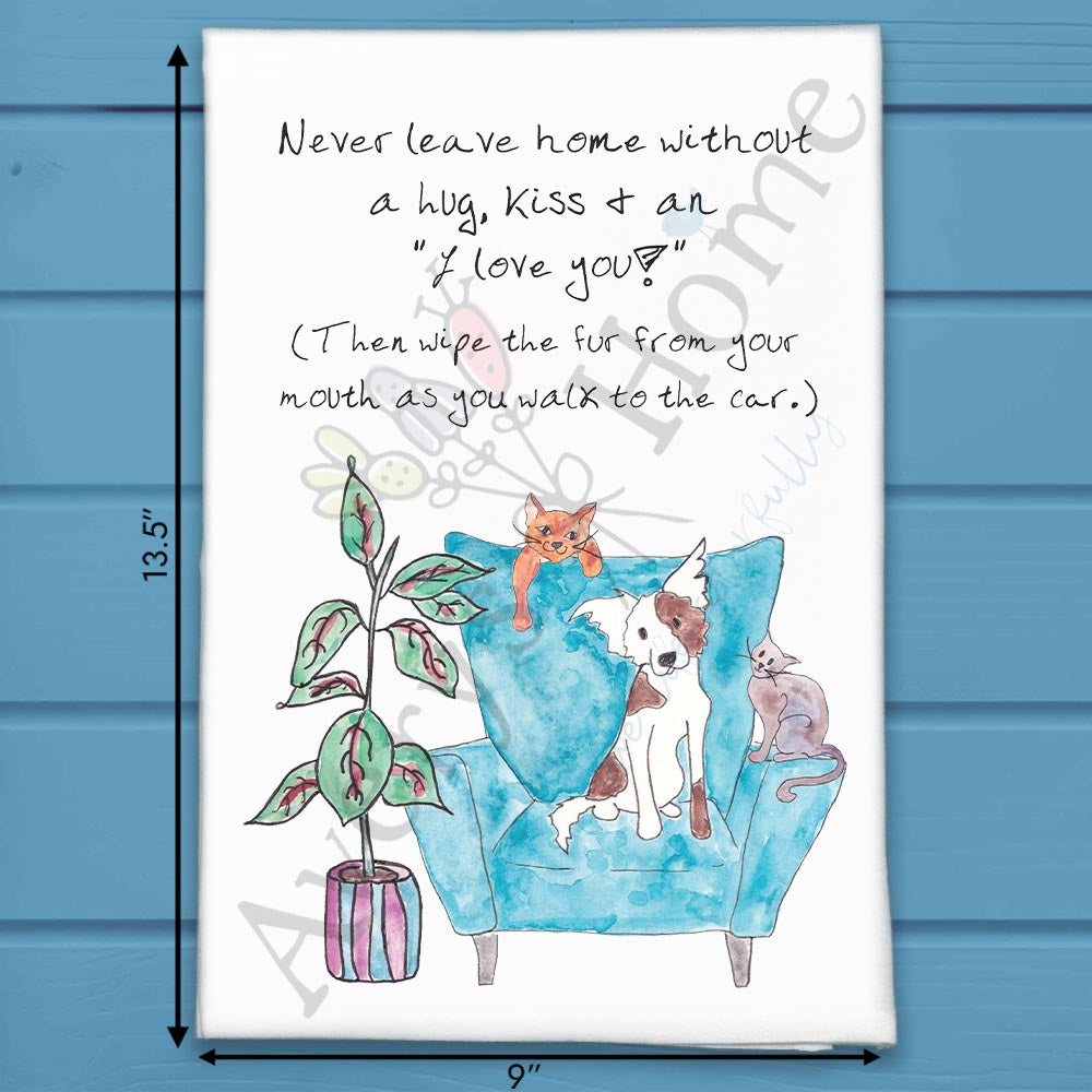 Never Leave Without Goodbye flour sack dish towel, art by Avery Jackson