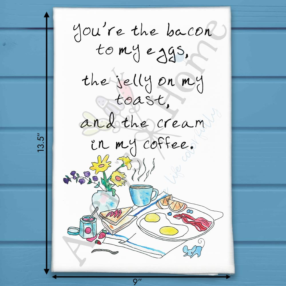 Bacon & Eggs flour sack dish towel, art by Avery Jackson