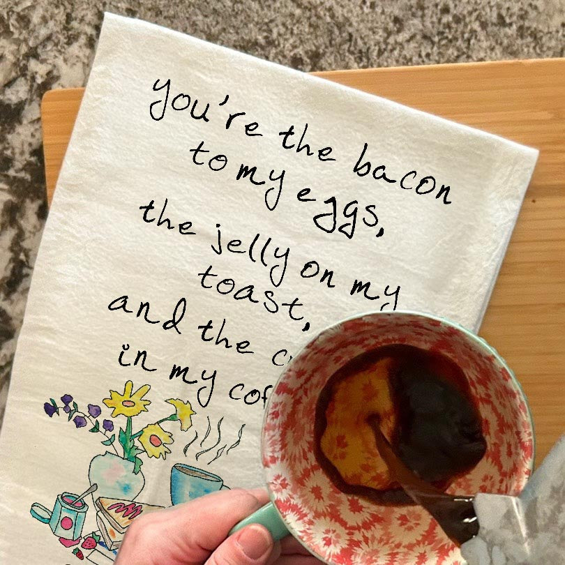 Bacon & Eggs dish towel, 27x27 flour sack cotton