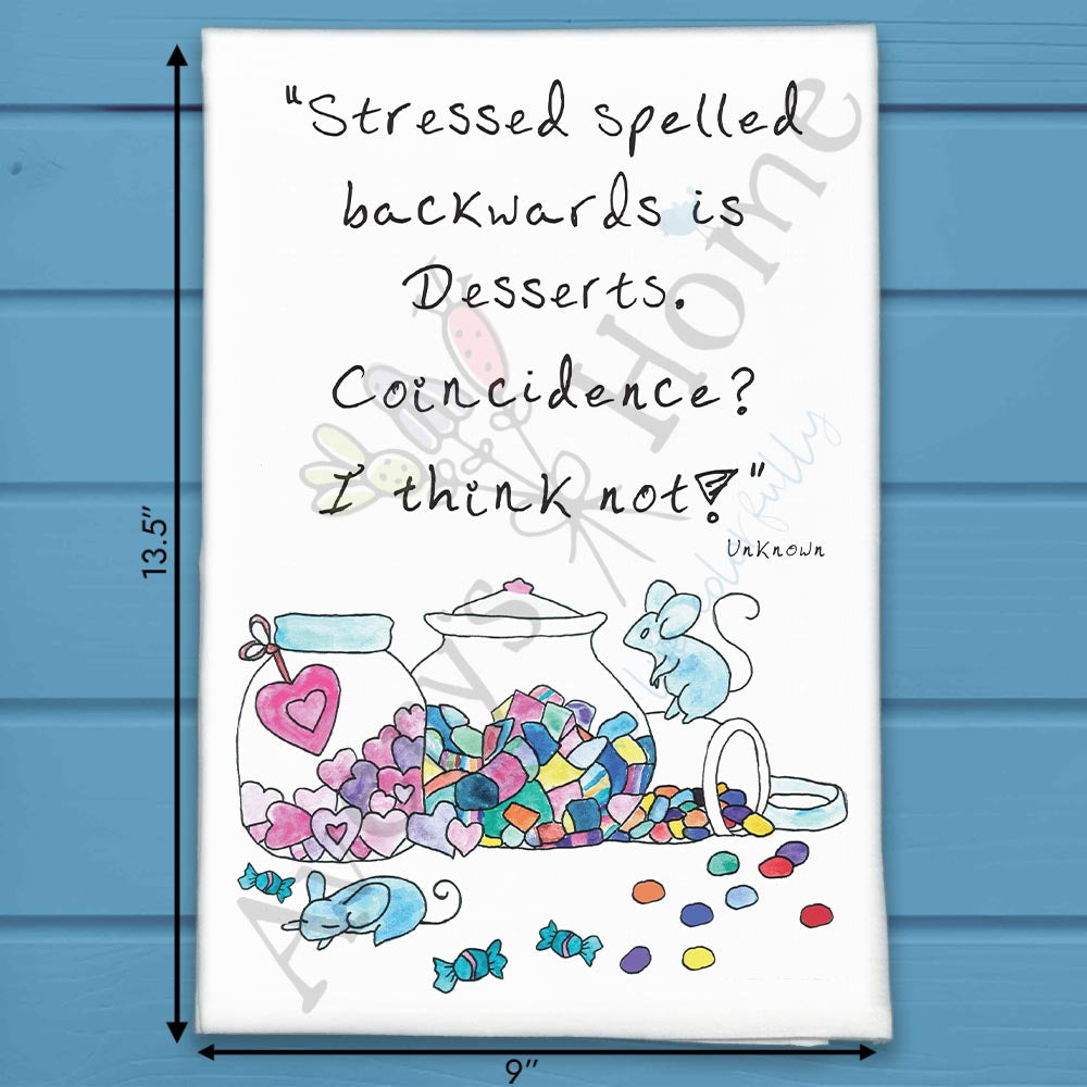 Desserts Spelled Backwards flour sack dish towel, art by Avery Jackson
