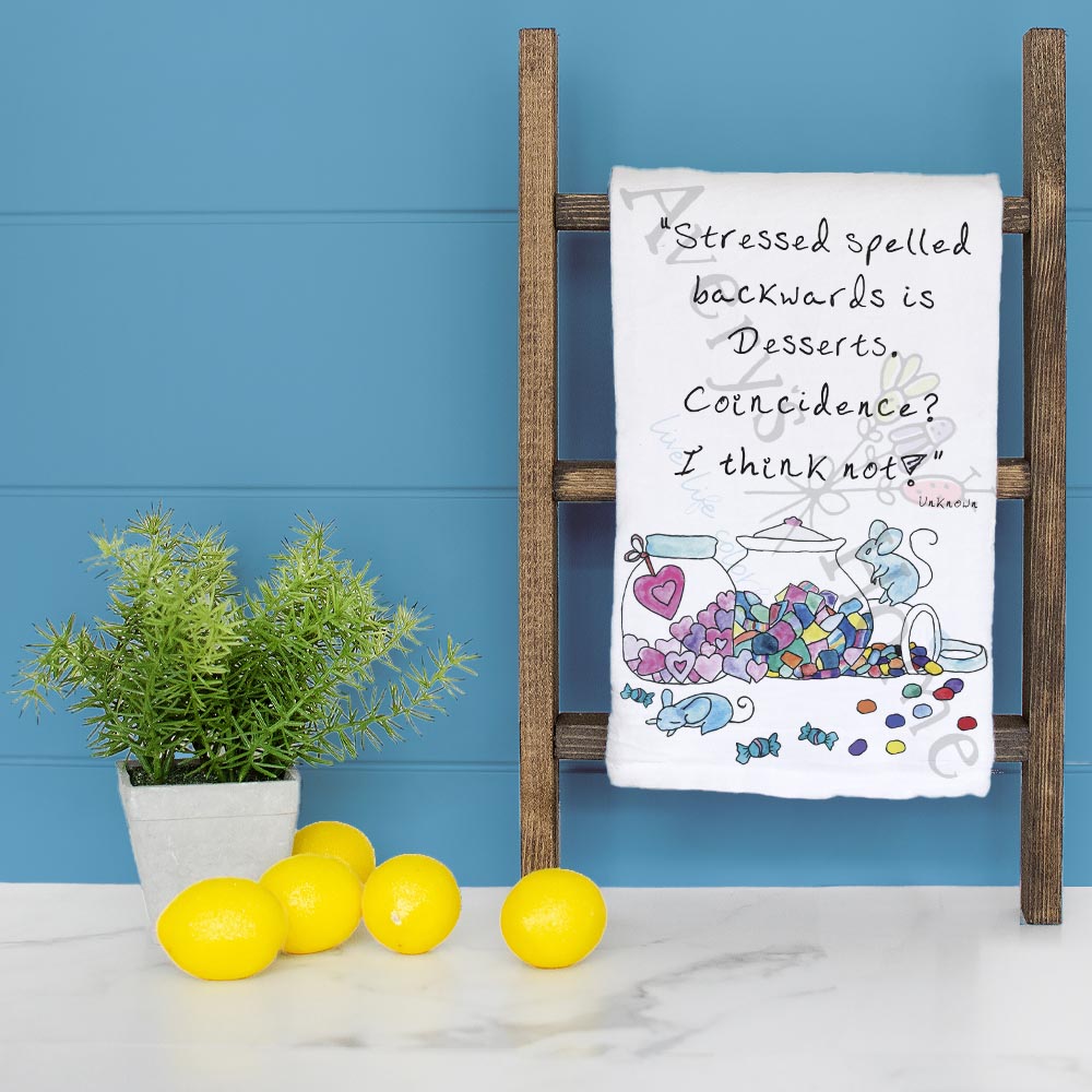 Desserts Spelled Backwards dish towel folded, hemmed on all four sides