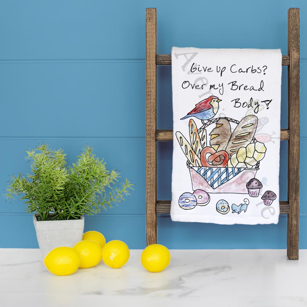 Give Up Carbs dish towel folded, hemmed on all four sides