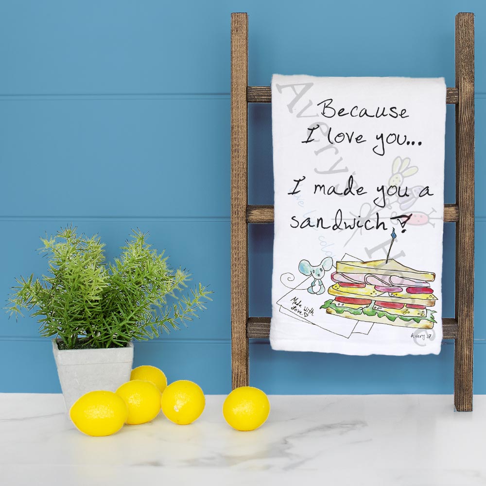 Sandwich Humor dish towel folded, hemmed on all four sides