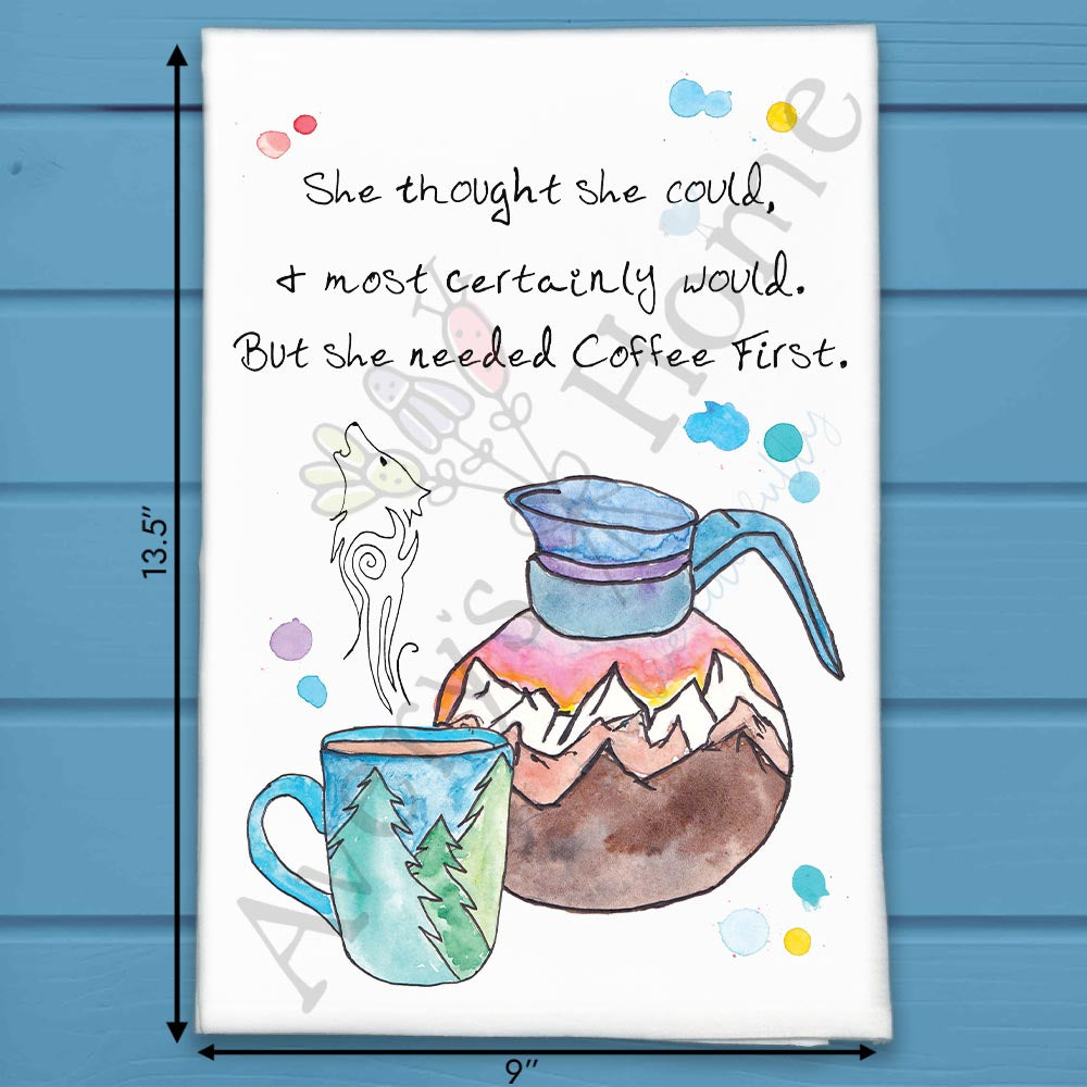 Coffee First flour sack dish towel, art by Avery Jackson