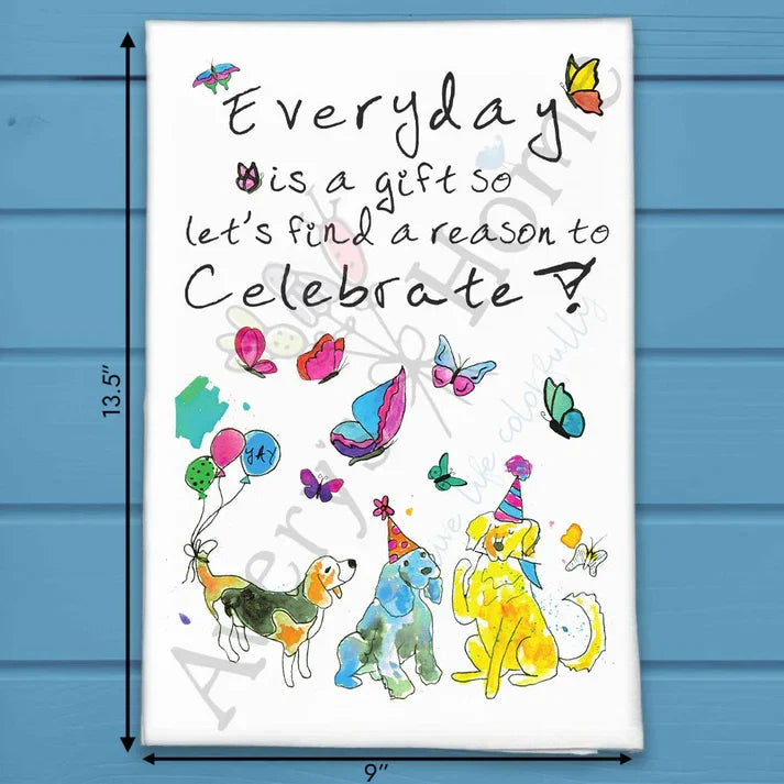 Celebrate Daily with Dogs flour sack dish towel, art by Avery Jackson