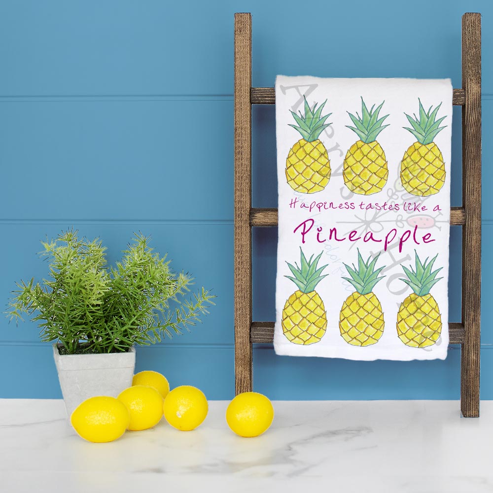 Pineapple Happiness dish towel folded, hemmed on all four sides