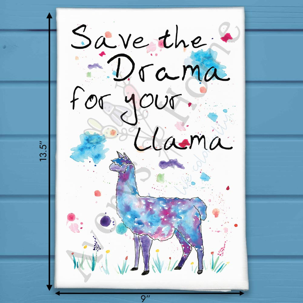 Save the Drama Llama flour sack dish towel, art by Avery Jackson