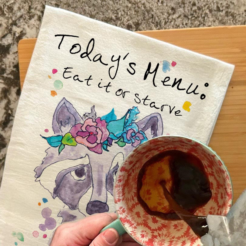 Today's Menu dish towel, 27x27 flour sack cotton