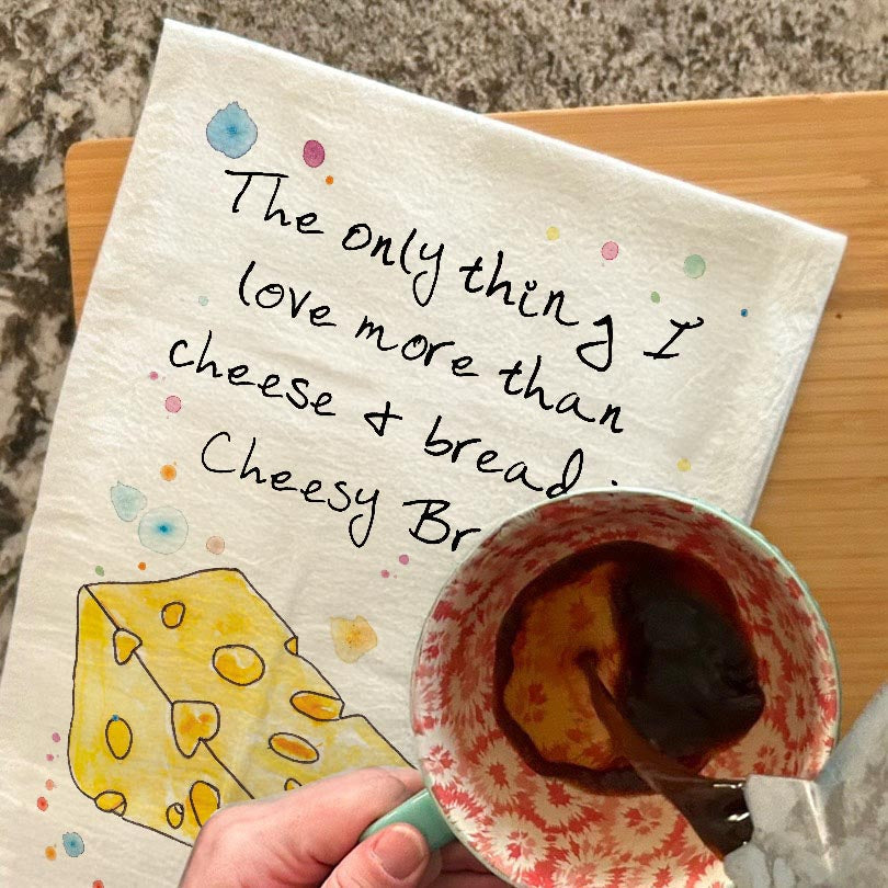I Love Cheese dish towel, 27x27 flour sack cotton