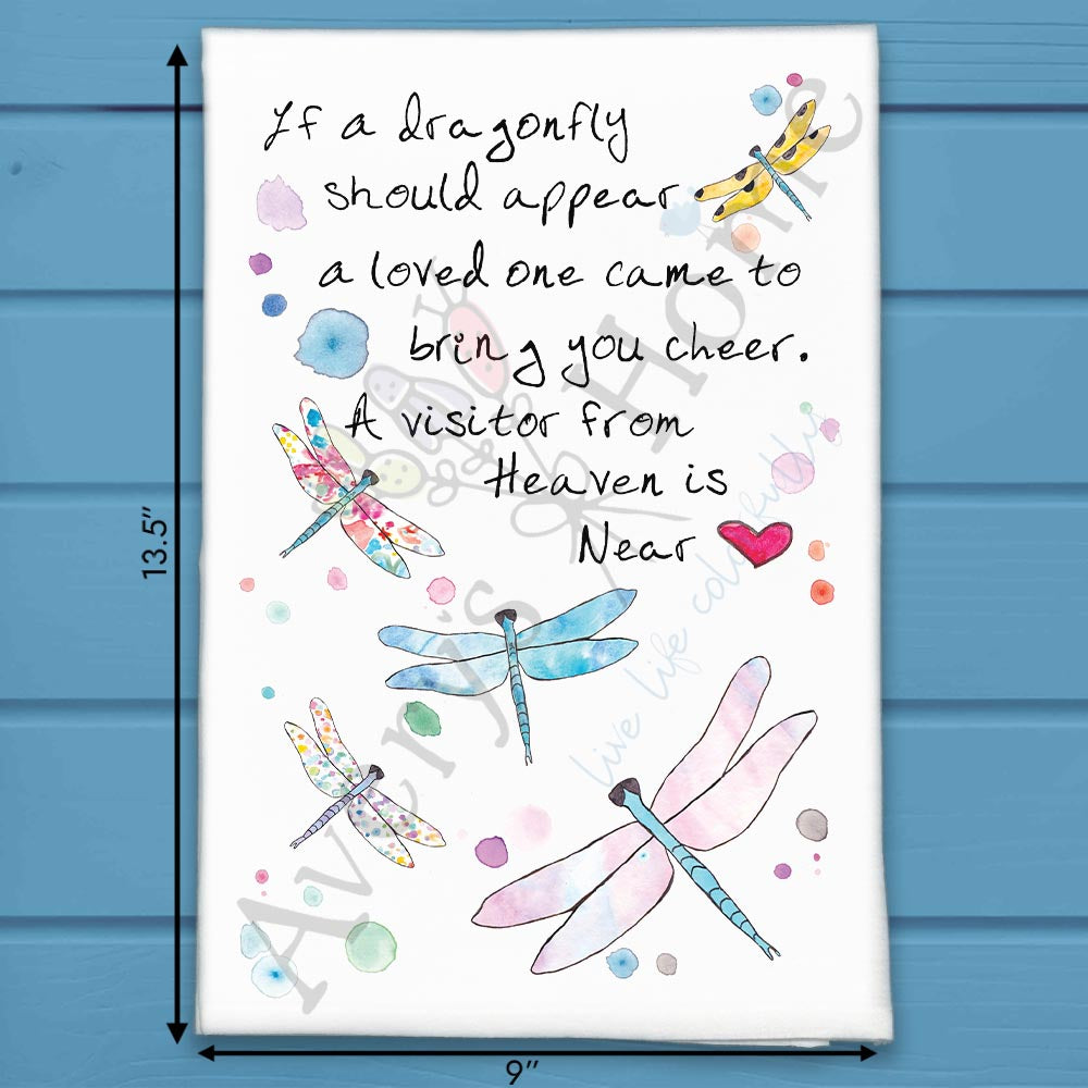 Dragonfly Loved One flour sack dish towel, art by Avery Jackson