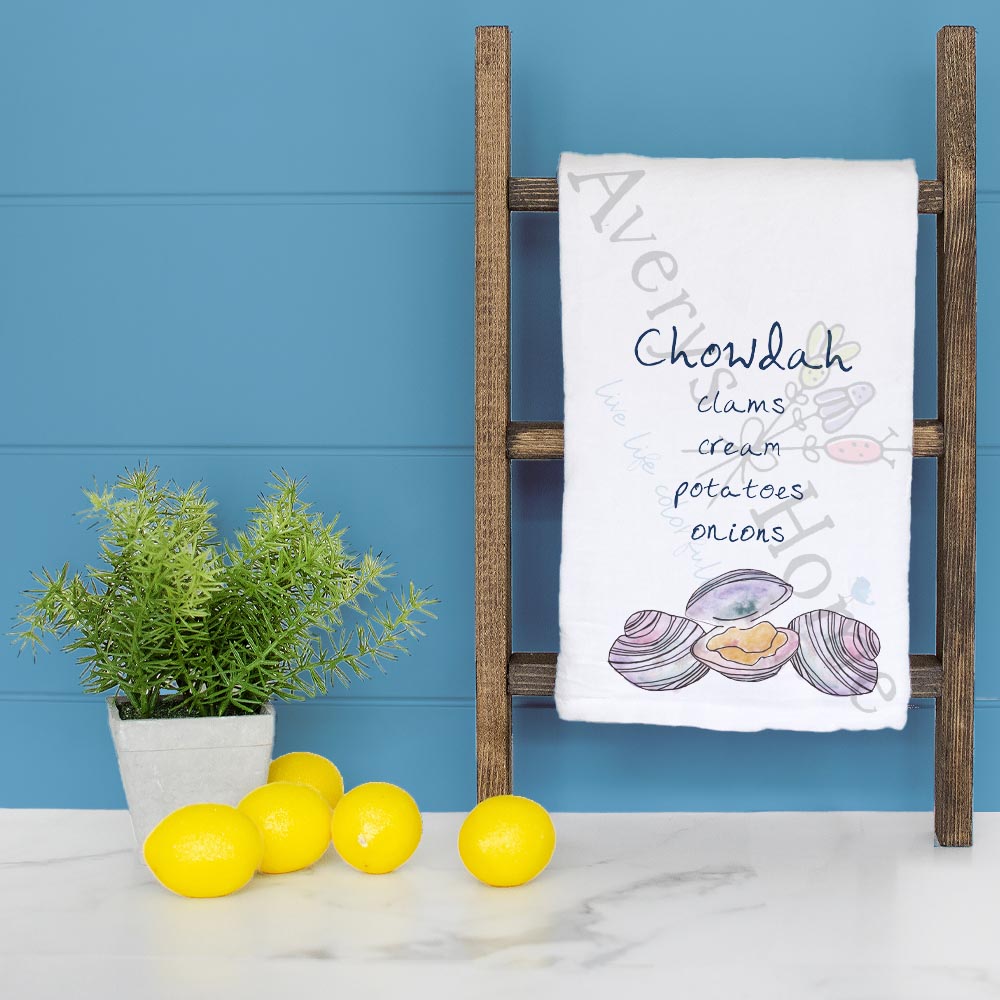 Chowdah dish towel folded, hemmed on all four sides