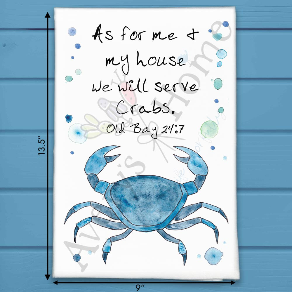 Serve Crabs 24:7 flour sack dish towel, art by Avery Jackson