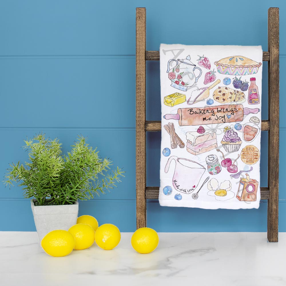 Baking Brings Joy dish towel folded, hemmed on all four sides