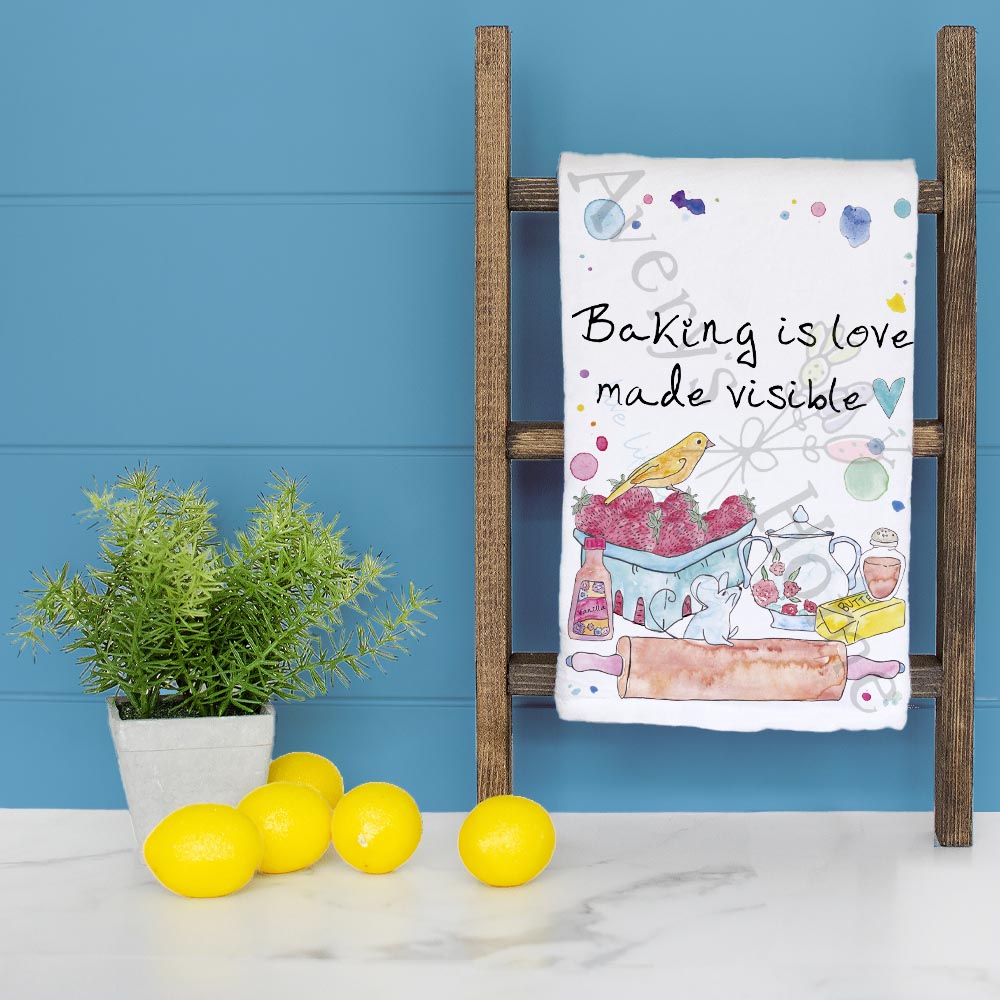 Love Is Baked dish towel folded, hemmed on all four sides