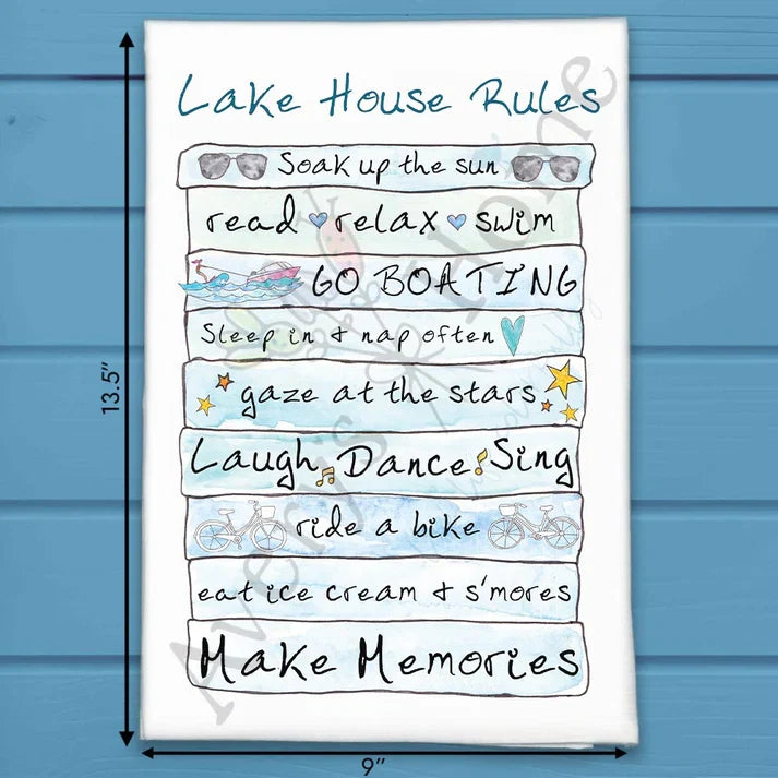 Lake House Rules flour sack dish towel, art by Avery Jackson
