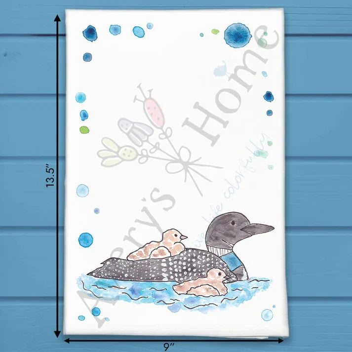 Loon flour sack dish towel, art by Avery Jackson