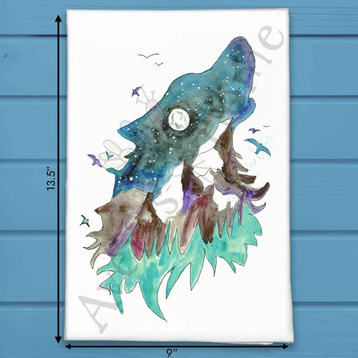 Mountain Howling Wolf flour sack dish towel, art by Avery Jackson