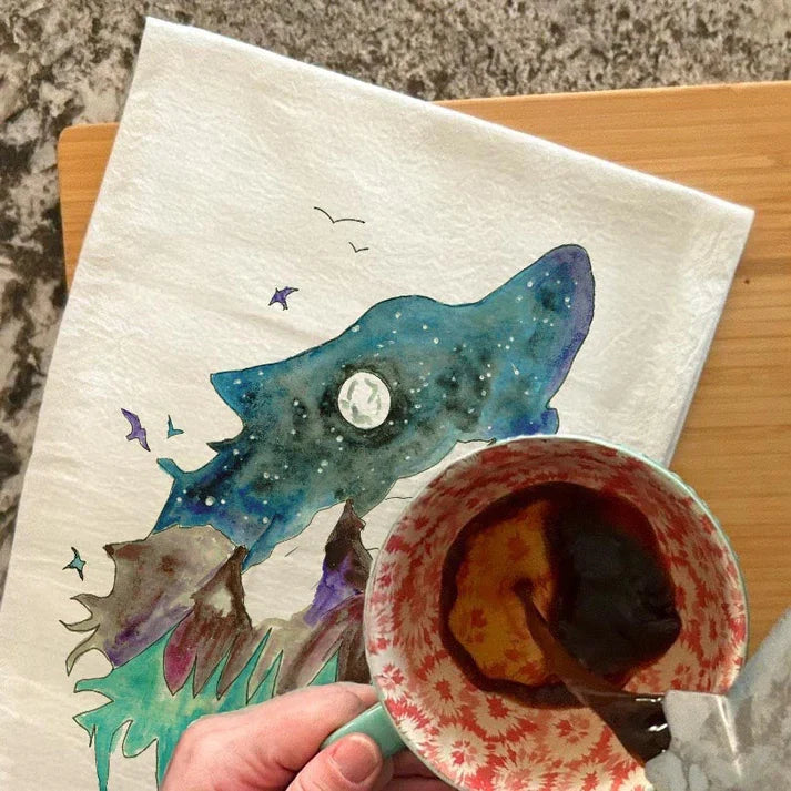 Mountain Howling Wolf dish towel, 27x27 flour sack cotton