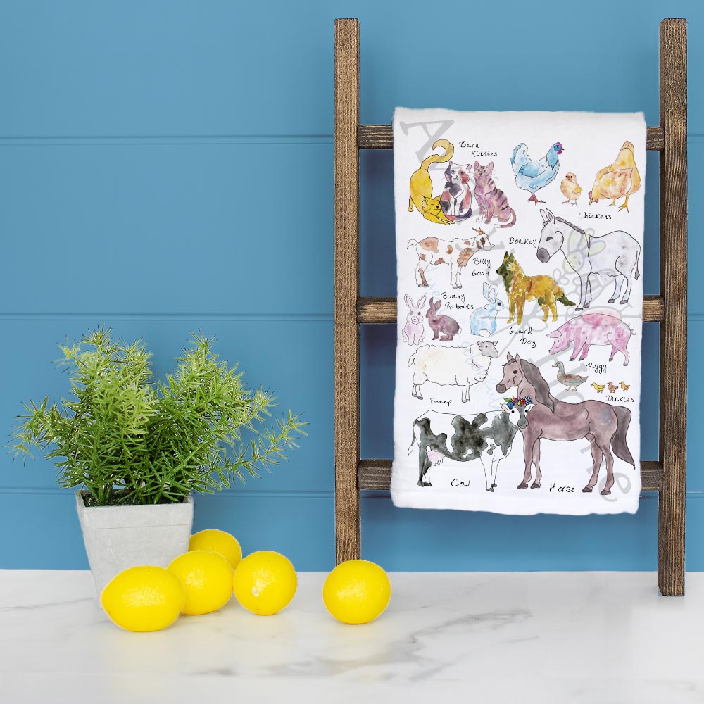 Farm Animals dish towel folded, hemmed on all four sides