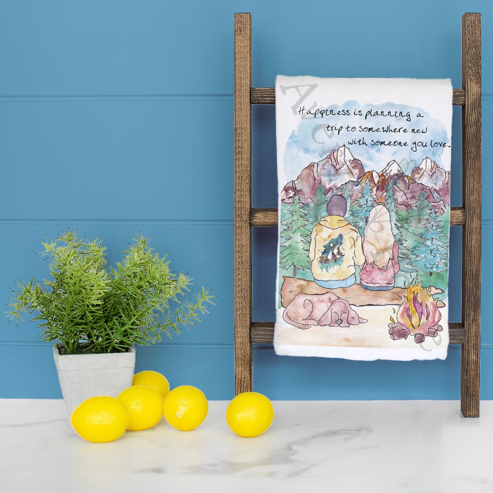 Happiness in the Mountains dish towel folded, hemmed on all four sides