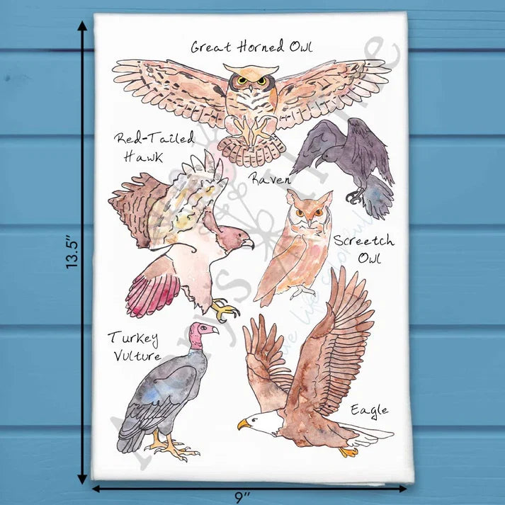 Birds of Prey flour sack dish towel, art by Avery Jackson