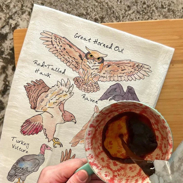 Birds of Prey dish towel, 27x27 flour sack cotton